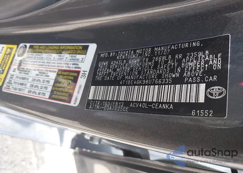 2008 Toyota Camry Le z USA, uszkodzony, nr VIN 4T1BE46K98U766335